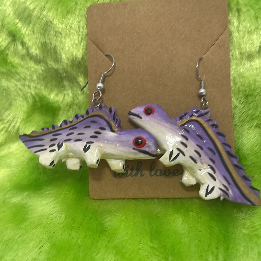 Purple dinosaur earrings